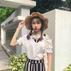 Set: Short-sleeve Cold-shoulder T-shirt + Striped Wide Leg Pants