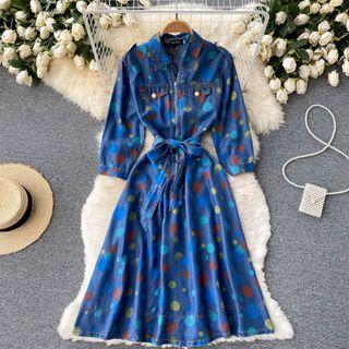 Lapel Zip Dots Print Long Denim Dress