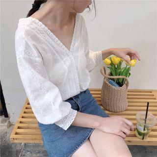 V-neck Plain Lace Oversize Top White - One Size