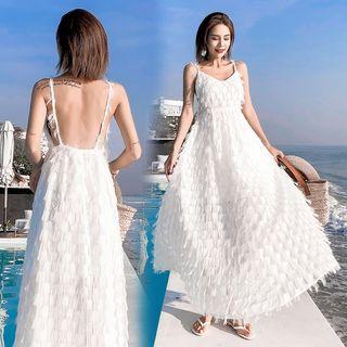 Spaghetti Strap Feathered A-line Maxi Dress