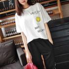 Couple Matching Smiley Face Pocketed Short Sleeve T-shirt / Printed Sweatpants