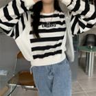 Long-sleeve Round-neck Cropped Striped Sweatshirt