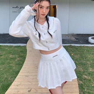 Long-sleeve Collared Cropped Blouse / Pleated Mini A-line Skirt