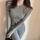 Plain Zip Cutout Long-sleeve Cropped T-shirt