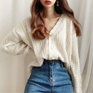 Long-sleeve V-neck Perforated Button-up Loose Fit Cardigan