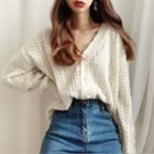 Long-sleeve V-neck Perforated Button-up Loose Fit Cardigan