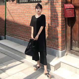 Set: Scoop-neck Long T-shirt + Wide-leg Pants