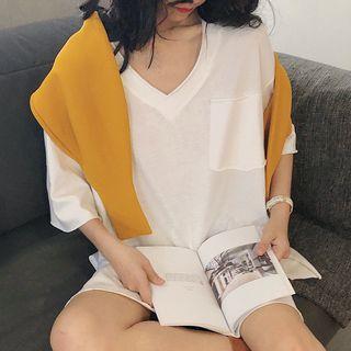 Pocket Detail Side Slit Elbow-sleeve T-shirt