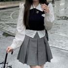 Collared Mock Two-piece Blouse / Pleated Mini A-line Skirt