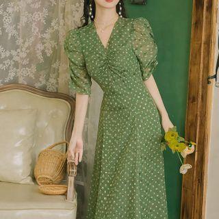 Short-sleeve Dot Print Mesh Midi Dress