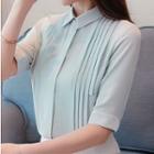 Elbow-sleeve Pintuck Chiffon Blouse