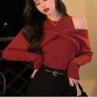 Mock Two-piece Cold-shoulder Sweater Red - One Size