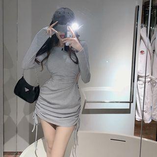 Long-sleeve Drawstring Cutout Sheath Dress Gray - One Size