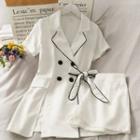 Set: Double-breasted Tie-waist Mini Dress + Shorts