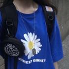 Elbow-sleeve Flower Print T-shirt Blue - One Size