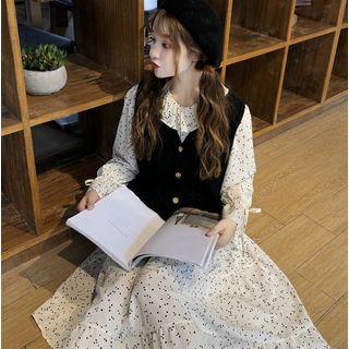Floral Long-sleeve A-line Dress / Cable-knit Vest