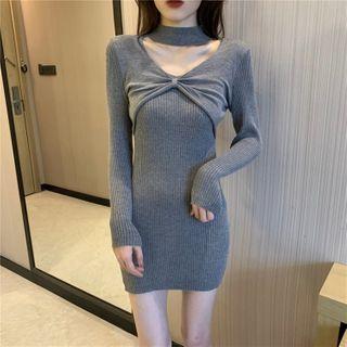 Choker-neck Plain Knit Mini Bodycon Dress