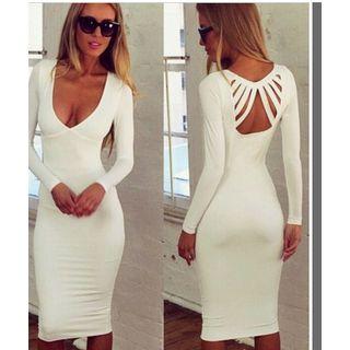 Lattice Deep V Long-sleeve Dress