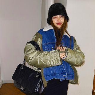 Fleece-lined Denim-panel Quilted Jacket