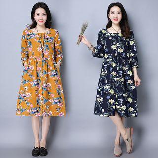 Floral Print 3/4 Sleeve Buttoned Midi Dress