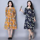 Floral Print 3/4 Sleeve Buttoned Midi Dress