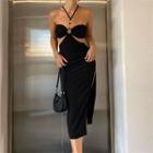 Spaghetti-strap Halter Neck Cut-out Midi Sheath Dress