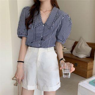 Puff-sleeve Checked Buttoned Blouse