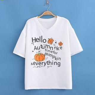 V-neck Pumpkin Print Short-sleeve Tee