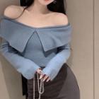 Long-sleeve Plain Knit Top Blue - One Size