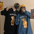 Bear Cartoon Print Hooded Pullover With Lettering