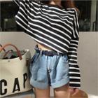 Drop-shoulder Stripe Crop Top Black - One Size