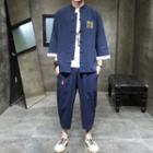 Set: 3/4-sleeve Chinese Character Embroidered Shirt + Harem Pants