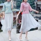 Set: Traditional Chinese Elbow-sleeve Top + Midi Skirt