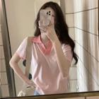 Short-sleeve Polo Knit Top Pink - One Size