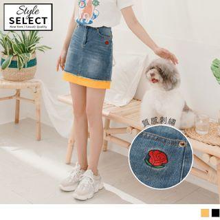 Rose Embroidered Panel Denim Mini Fitted Skirt
