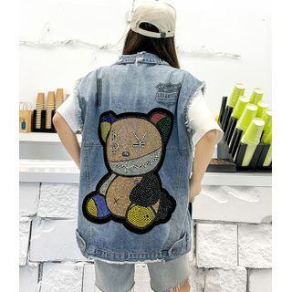 Sleeveless Bear Embroidered Denim Jacket