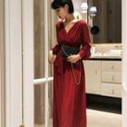 Long-sleeve V-neck Glitter Maxi A-line Dress