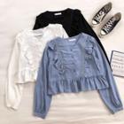 Plain V-neck Single Breasted Ruffled-trim Long-sleeve Blouse