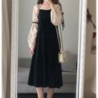 Frill Trim Square Neck Panel Velvet A-line Dress