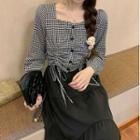 Plaid Square Neck Blouse / Midi A-line Skirt