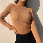 Long Sleeve Mock Neck Plain Ribbed-knit Sweater