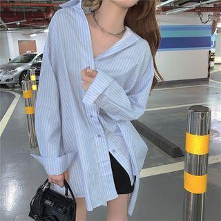 Striped Long-sleeve Shirt / Spaghetti Strap Mini Bodycon Dress