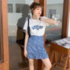 Short-sleeve Car Printed T-shirt / High-waist Ruffle Trim Floral Printed Skirt