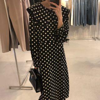 Long-sleeve Sailor Collar Dotted Midi Shift Dress Black - One Size