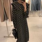 Long-sleeve Sailor Collar Dotted Midi Shift Dress Black - One Size