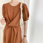 Round-neck Plain Drawstring A-line Dress