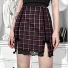 Lace Trim Plaid Mini Pencil Skirt