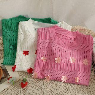 Flower-accent Open-knit Loose T-shirt