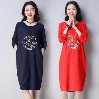 Embroidered Long-sleeve Linen Dress