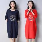 Embroidered Long-sleeve Linen Dress